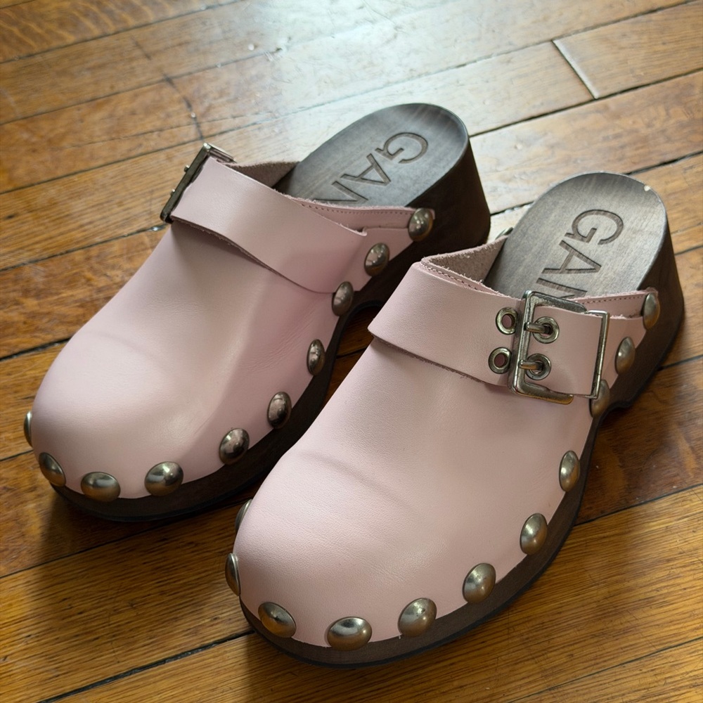 Ganni Light Pink Studded Leather Mules
